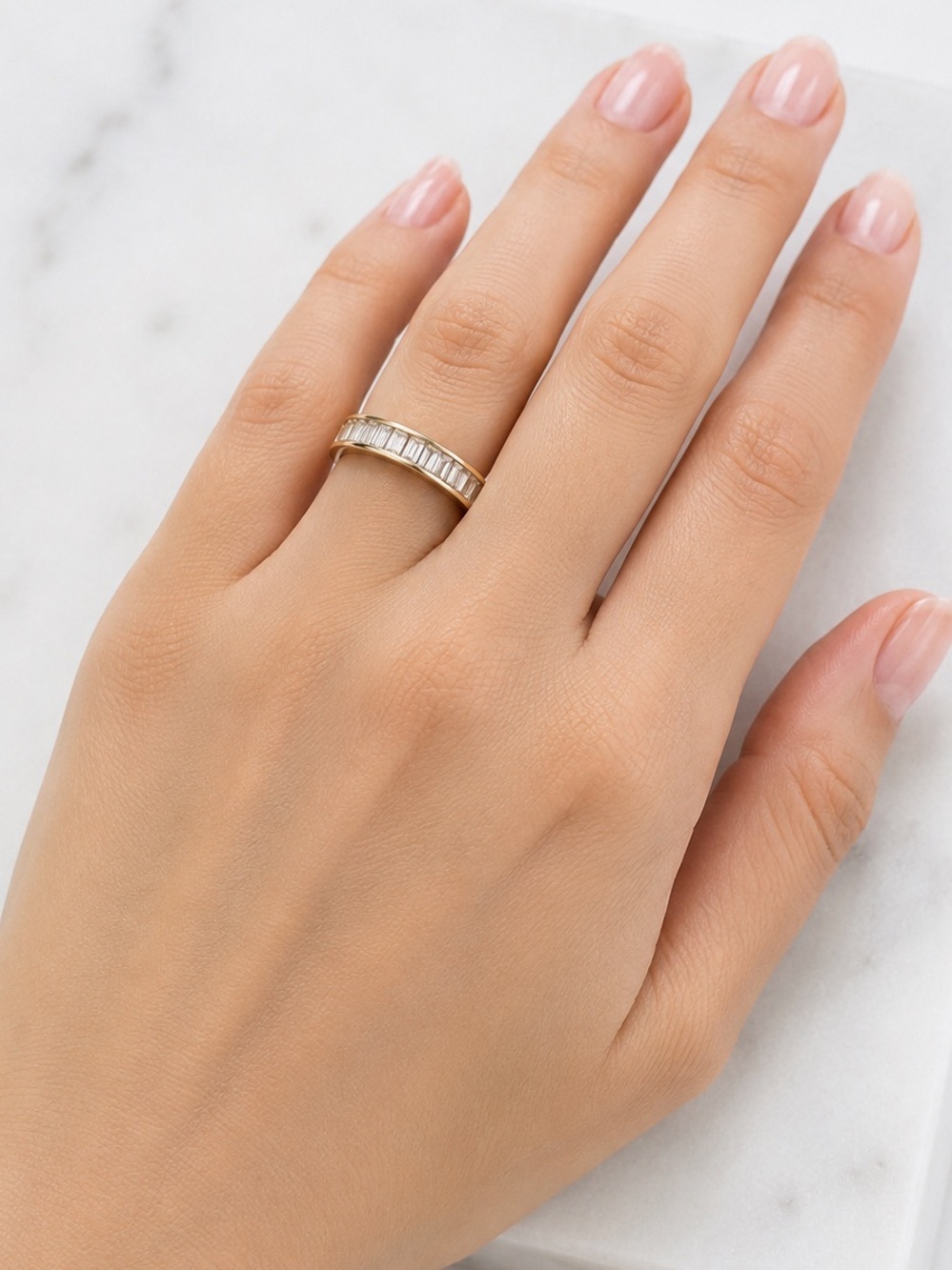 QVC 14K Solid Yellow Gold CZ Eternity Band Ring
Channel Set Baguette CZ s6 - Picture 9 of 9